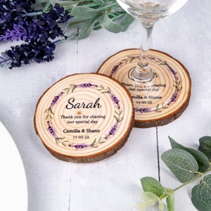 Lavender Wedding Favour Coasters • Wood Slice Wedding Favors • Unique place holder coasters • Eco-friendly favours • Purple Wedding