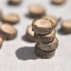 May include: A stack of five small, round wooden slices with bark still attached. The slices are arranged in a pyramid shape, with the largest slice at the bottom and the smallest slice at the top.