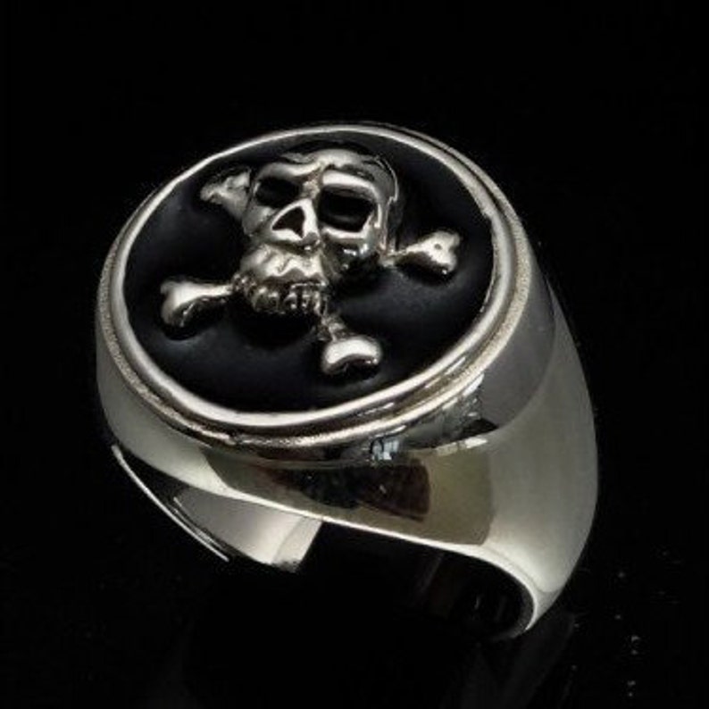 Sterling silver Skull ring Pirate Skull on Crossed Bones Jolly Roger with black enamel high polished Sterling silver 925