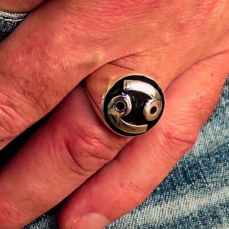 Dome shaped Silver Zodiac ring Cancer symbol 69 with black enamel high polished Sterling silver 925