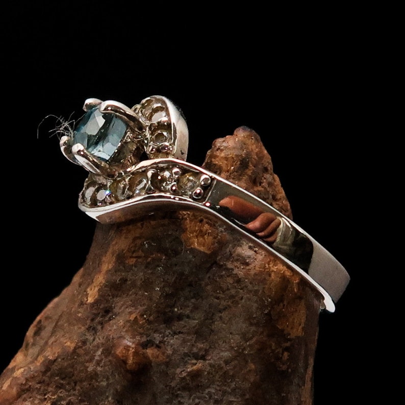 Beautiful Silver womens ring with round cut Blue Cambodian Zircon Gemstone and 14 white CZ high polished Sterling silver 925 ring for her