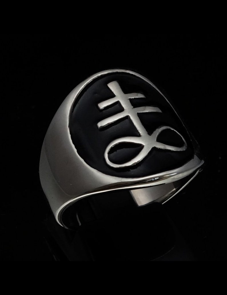 Sterling silver Occult symbol ring Leviathan cross Satan with black enamel high polished Sterling silver 925