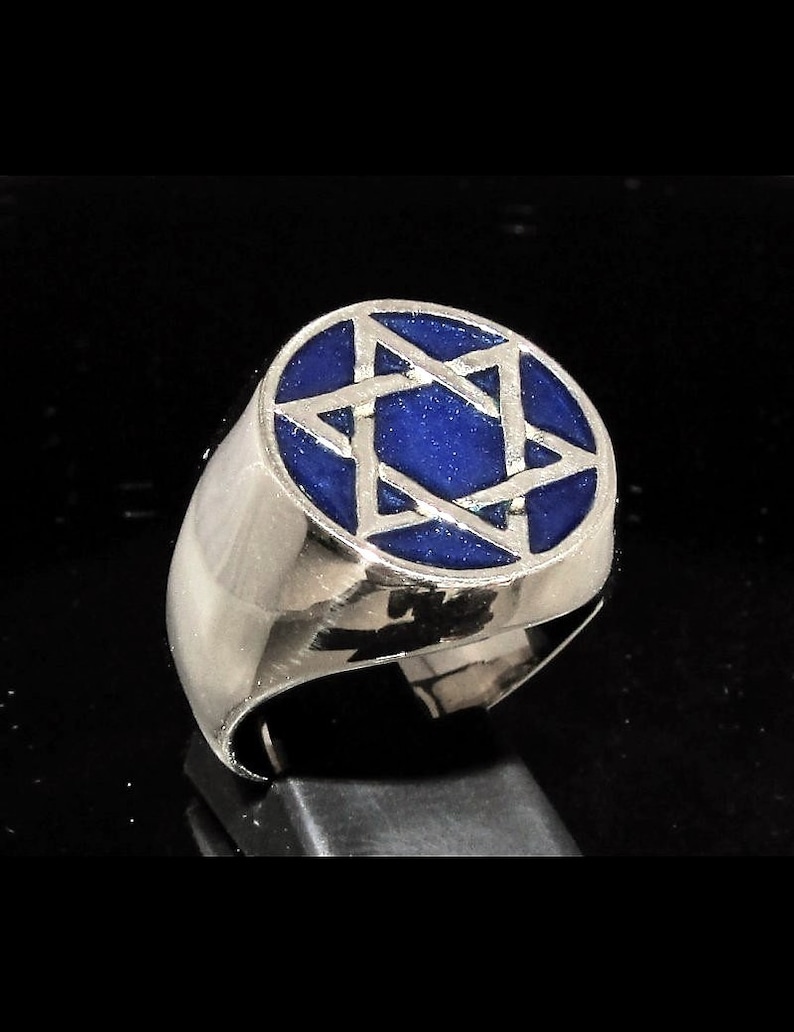 Silver Hexagram symbol ring six pointed star with blue enamel high polished Sterling silver 925 gift for him