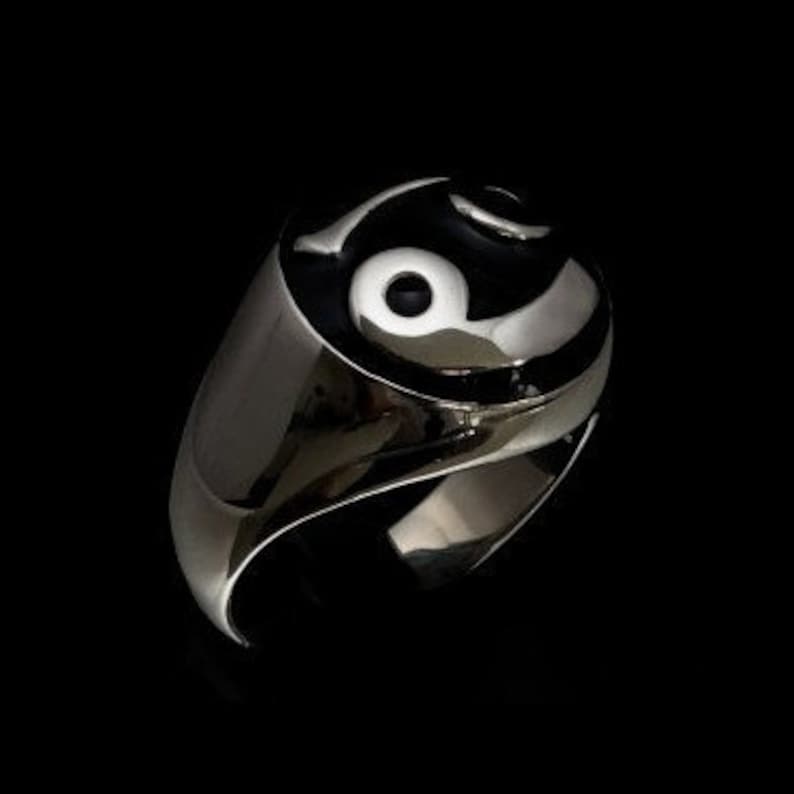 Dome shaped Silver Zodiac ring Cancer symbol 69 with black enamel high polished Sterling silver 925