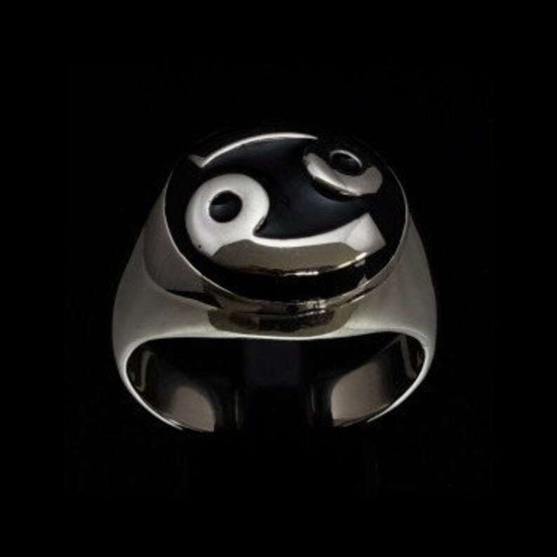 Dome shaped Silver Zodiac ring Cancer symbol 69 with black enamel high polished Sterling silver 925