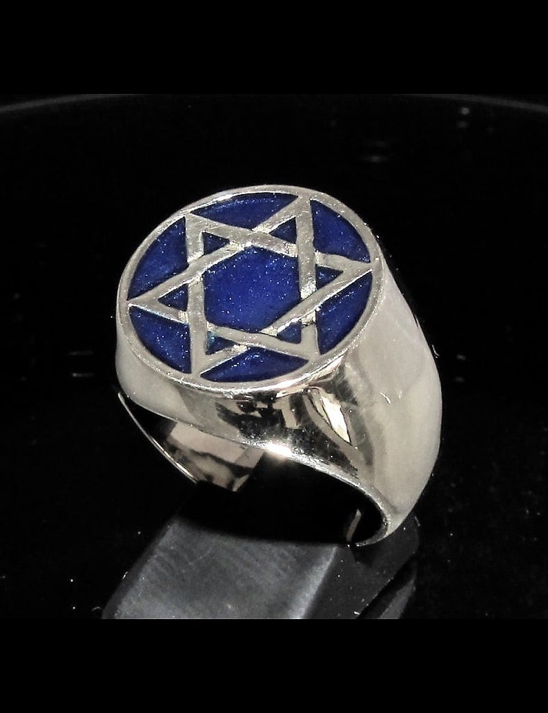 Silver Hexagram symbol ring six pointed star with blue enamel high polished Sterling silver 925 gift for him