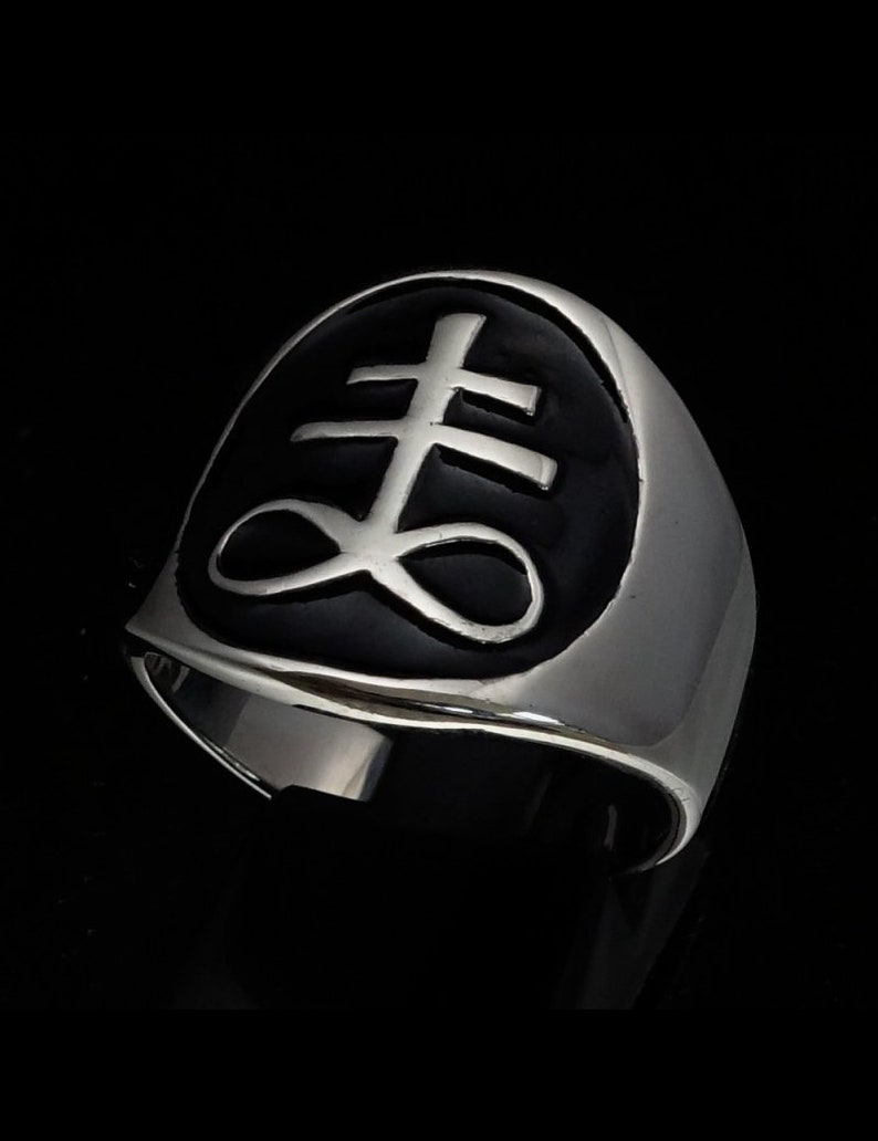 Sterling silver Occult symbol ring Leviathan cross Satan with black enamel high polished Sterling silver 925