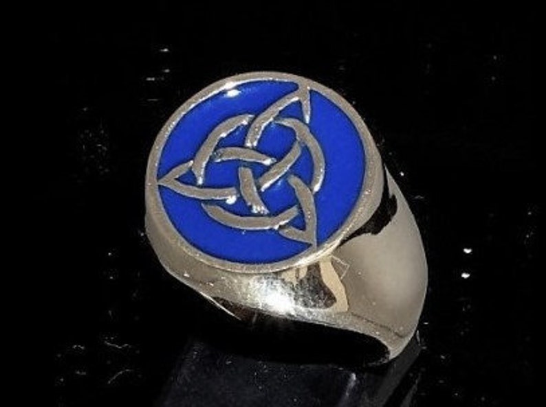 Sterling silver infinity ring Triskele Celtic knot in circle with blue enamel high polished Sterling silver 925 mens ring