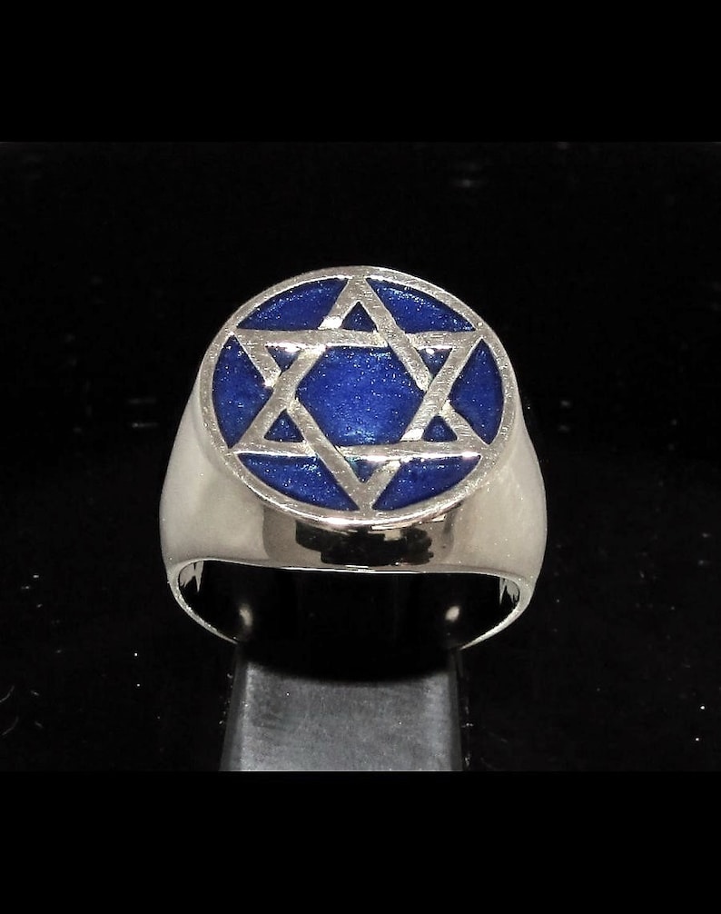 Silver Hexagram symbol ring six pointed star with blue enamel high polished Sterling silver 925 gift for him
