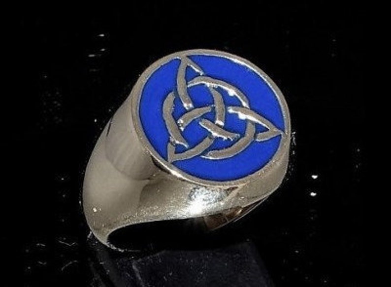 Sterling silver infinity ring Triskele Celtic knot in circle with blue enamel high polished Sterling silver 925 mens ring