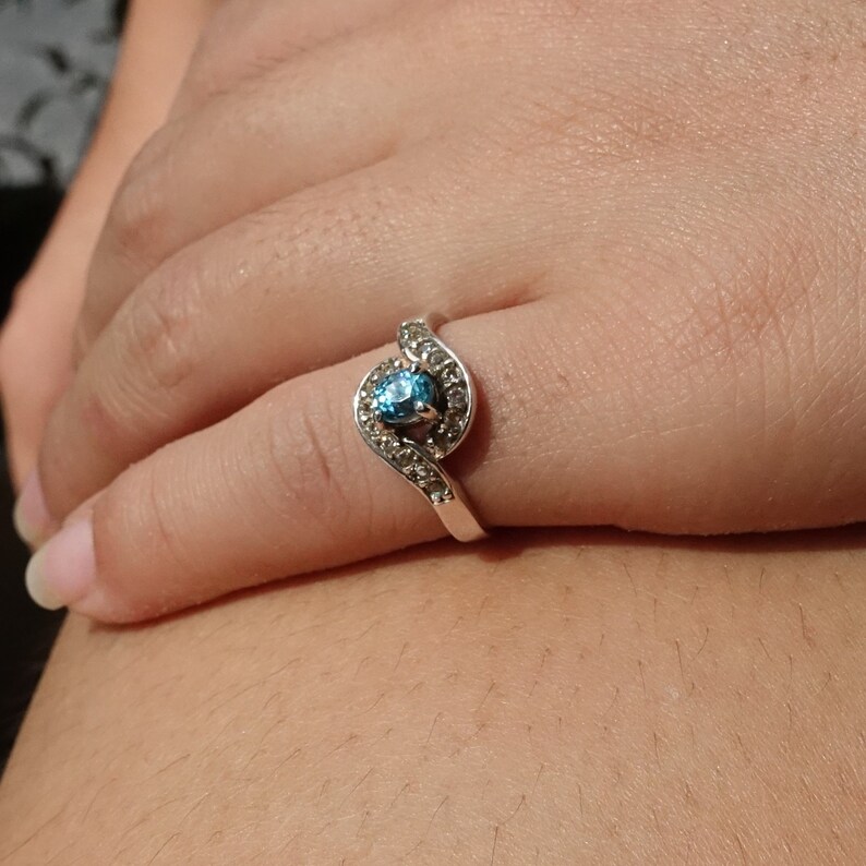 Beautiful Silver womens ring with round cut Blue Cambodian Zircon Gemstone and 14 white CZ high polished Sterling silver 925 ring for her