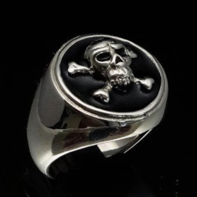 Sterling silver Skull ring Pirate Skull on Crossed Bones Jolly Roger with black enamel high polished Sterling silver 925