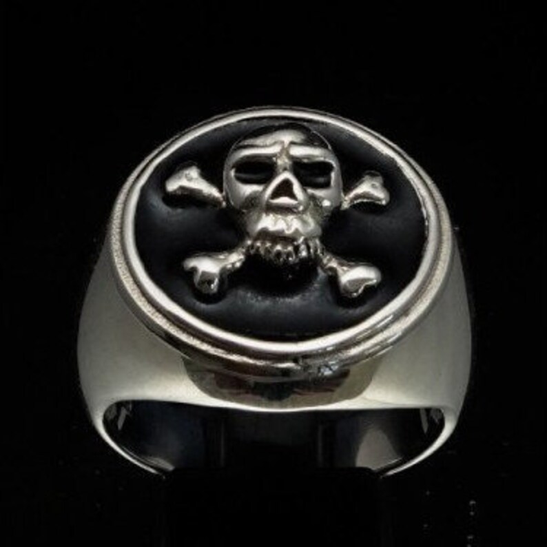 Sterling silver Skull ring Pirate Skull on Crossed Bones Jolly Roger with black enamel high polished Sterling silver 925