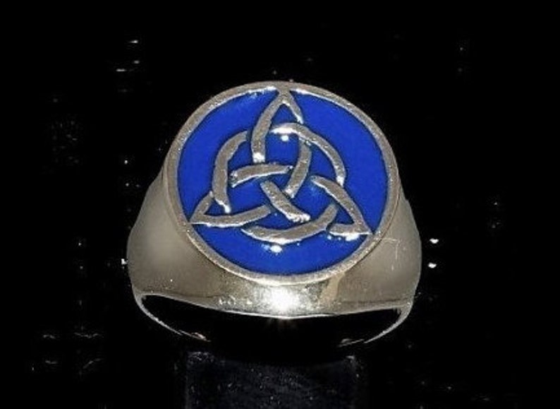 Sterling silver infinity ring Triskele Celtic knot in circle with blue enamel high polished Sterling silver 925 mens ring
