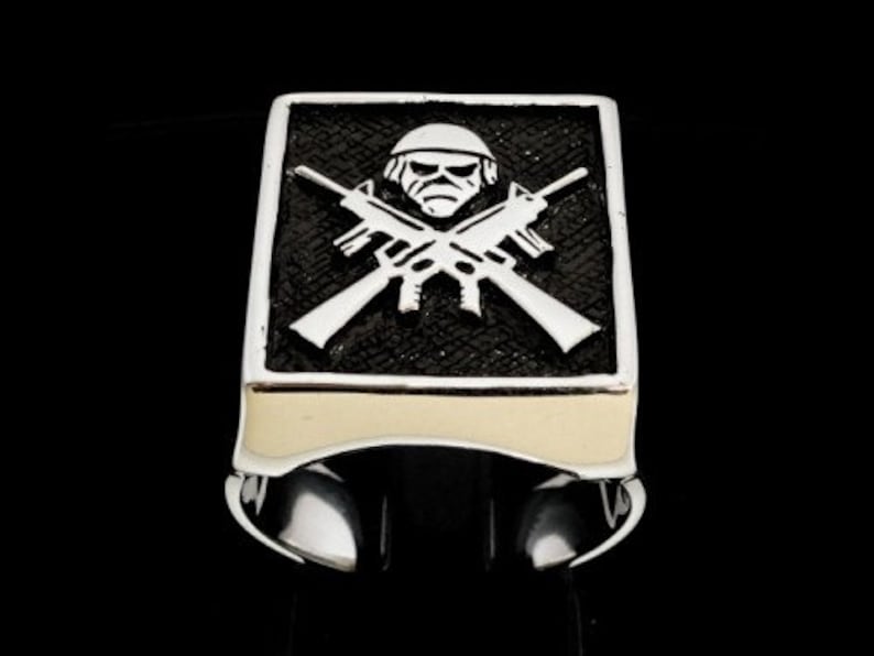 Sterling Silver mens signet ring Army Veteran with crossed Machine Guns symbol high polished and antiqued Sterling silver 925