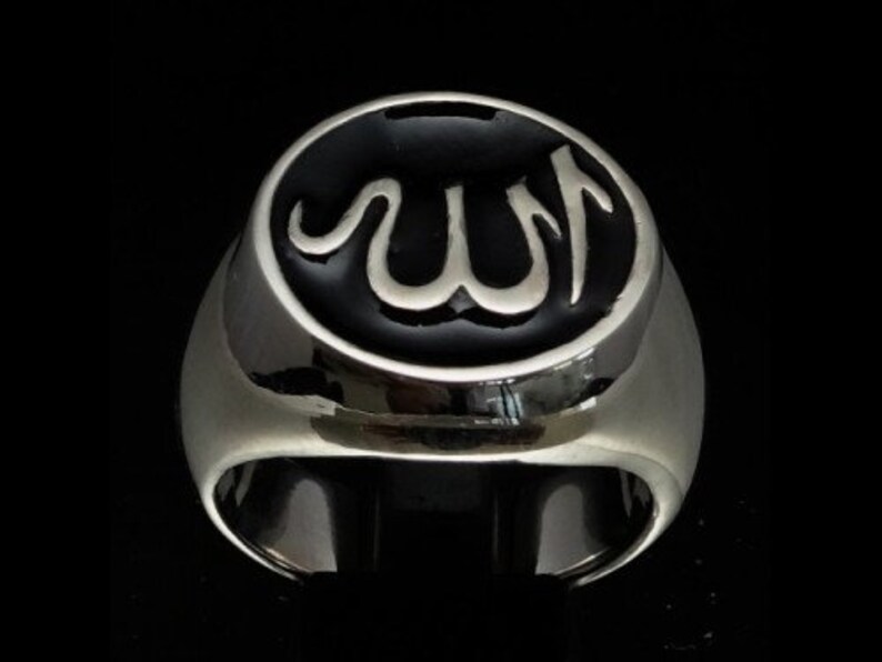 Sterling silver Muslim name ring Allah Islam symbol with black enamel high polished Sterling silver 925 mens ring