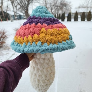 May include: A crocheted mushroom toy with a multi-colored cap and a white stem. The cap is made of blue, purple, pink, and yellow yarn. The stem is made of white yarn.