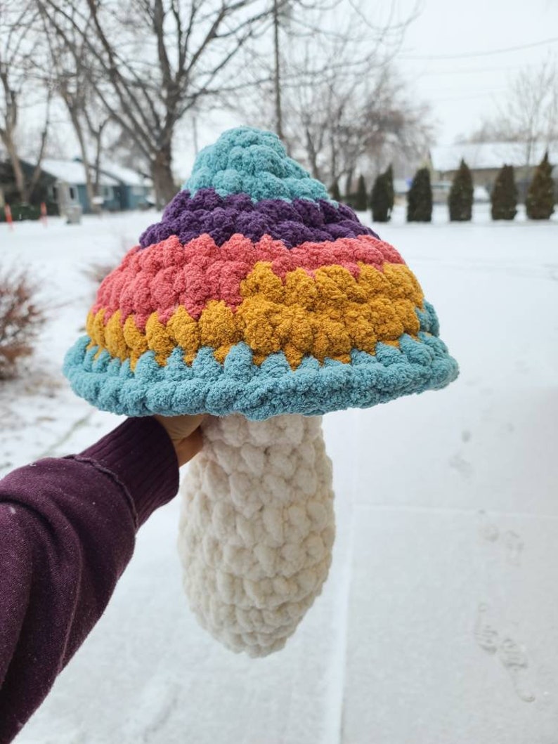 May include: A crocheted mushroom toy with a multi-colored cap and a white stem. The cap is made of blue, purple, pink, and yellow yarn. The stem is made of white yarn.