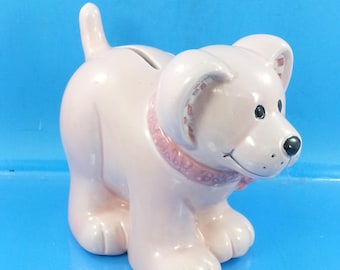 Salvadanaio a forma di cagnolino in ceramica rosa con fiocco e collare per bambini, 5"x4"