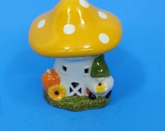 Ceramic Mushroom Gnome House Night Light Yellow Polka Dot W/ Tea Light batt incl