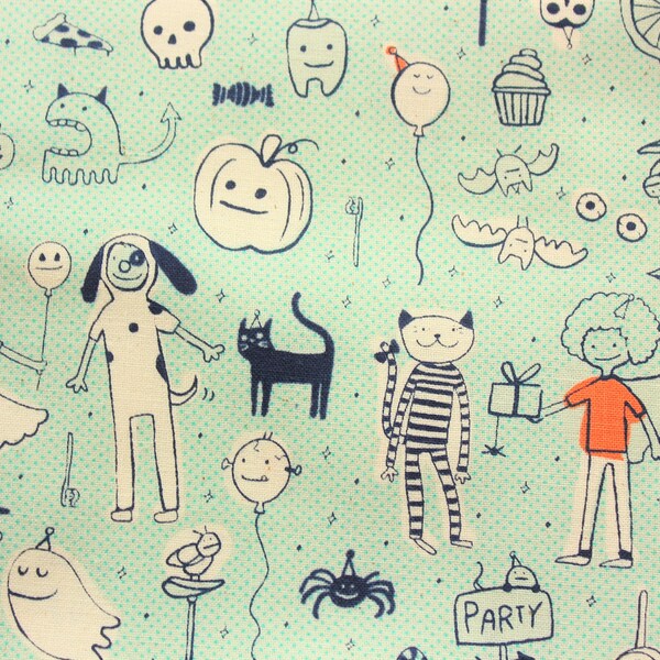Cotton and Steel Fabric, Sarah Melody, Little Monsters, Halloween, Cotton, Light Blue, Made in Japan, Cute Monsters, Half Metre