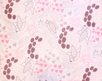 Tejidos Cloud 9, Algodón Orgánico, Cuckoo Down de Feena Brooks, Tela Premium, Rosa, Pájaros y Flores, Diseñador, Medio Metro