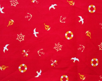 Japanese Fabric / Nautical Fabric / Cotton Fabric / Sevenberry / Red/ Anchors Birds Floats / Craft Sewing Quilting Supplies / Half Metre