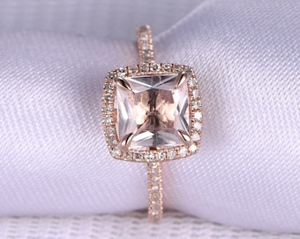 Natural Morganite Engagement Ring 7mm Princess Cut Morganite Ring Solid 14K Rose Gold Diamond Wedding Band Promise Ring Morganite Jewelry