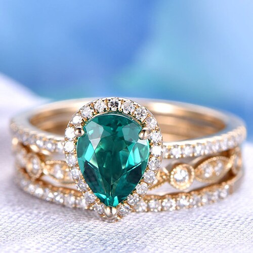 3pcs Wedding Ring Set Emerald Engagement Ring 14k Yellow Gold - Etsy