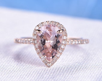 Natural Pink Morganite Engagement Ring Diamond Wedding Band Unique Morganite Ring 14k Rose gold Morganite Birthstone Rings Anniversary Gifts