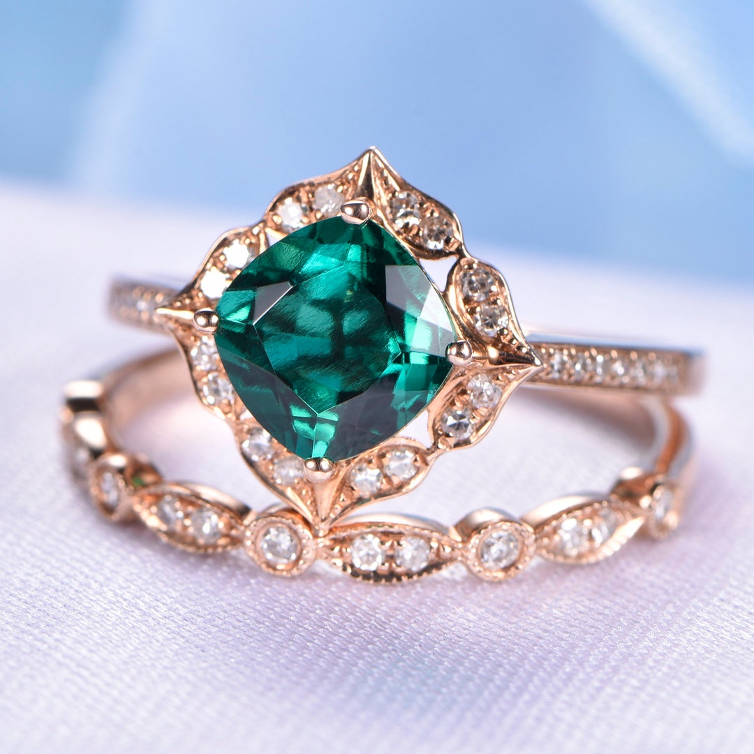2pcs Wedding Ring Set Emerald Engagement Ring 14k Rose Gold - Etsy