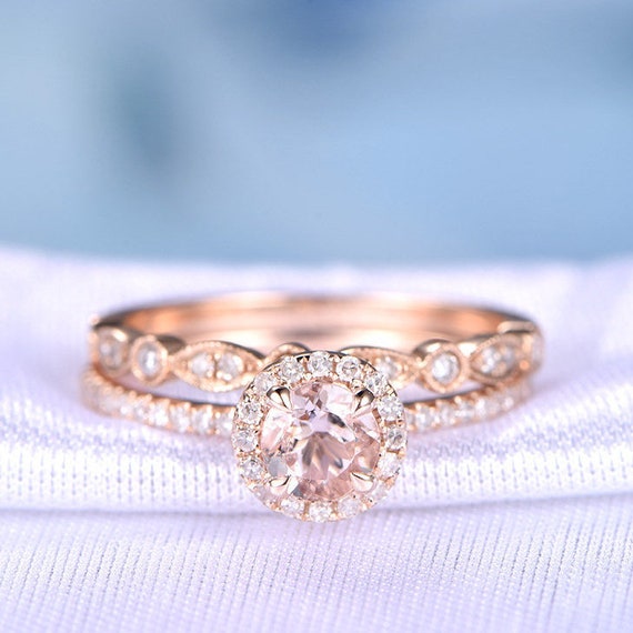 2pcs Wedding Ring Set Morganite Engagement Ring 14k Rose Gold | Etsy