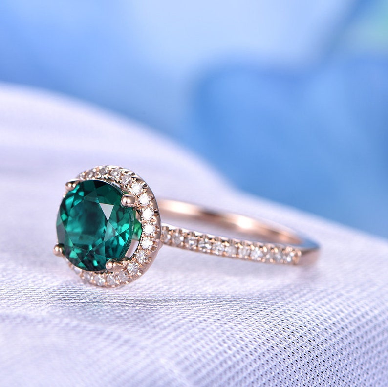 Emerald Engagement Ring Rose Gold 7mm Round Green Stone Etsy