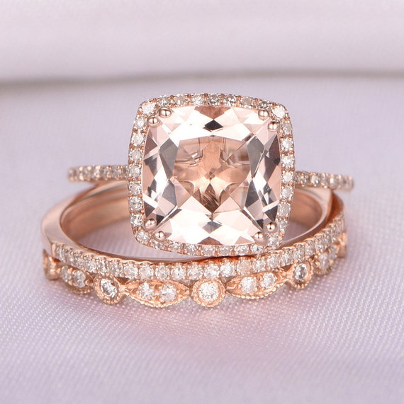 3pcs Wedding Ring Set Morganite Engagement Ring 9mm Big | Etsy