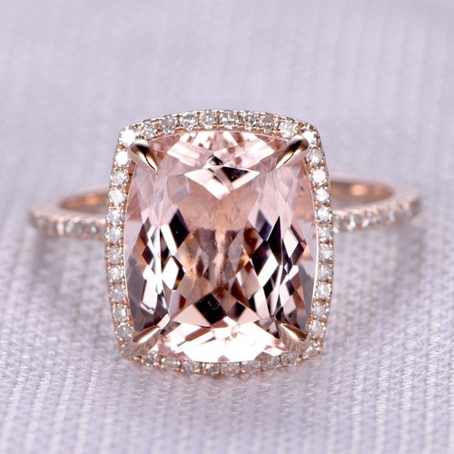 14K Rose Gold Cushion Cut Morganite Diamond Engagement Ring - Etsy
