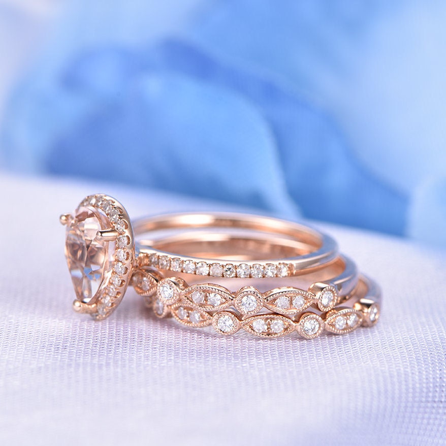 3pcs Wedding Ring Set Morganite Engagement Ring 14krose Gold | Etsy