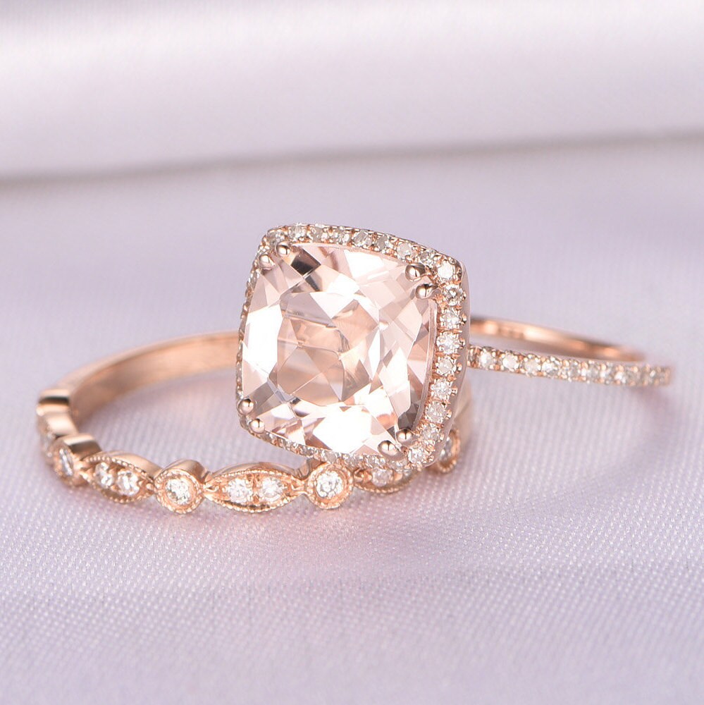 2pcs Wedding Ring Set Morganite Engagement Ring 9mm Big | Etsy