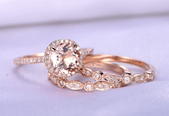 Morganite Engagement Ring Wedding Ring Set 14k Rose Gold Art | Etsy