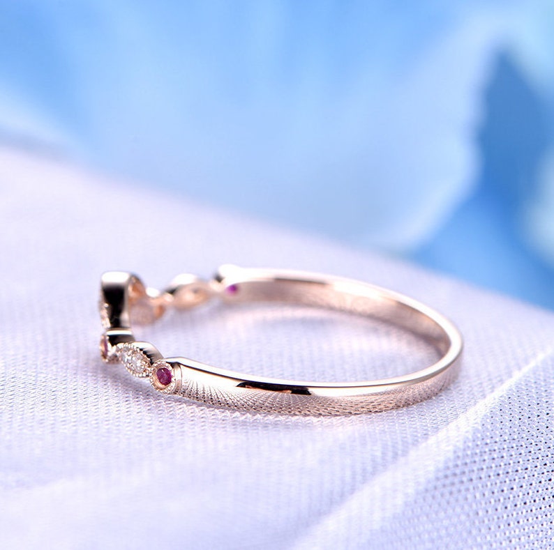 Art Deco Diamond Wedding Band Rudy Ring Solid 14k Rose Gold Round Cut Natural Ruby And Diamond Anniversary Ring Custom Jewelry