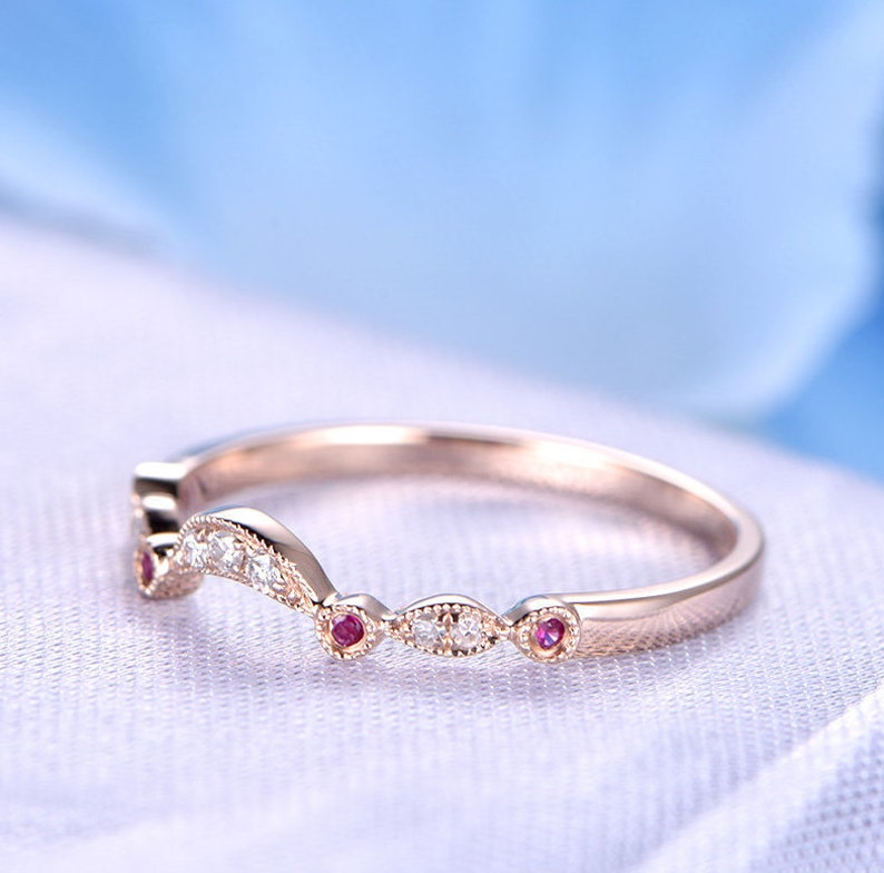 Art Deco Diamond Wedding Band Rudy Ring Solid 14k Rose Gold Round Cut Natural Ruby And Diamond Anniversary Ring Custom Jewelry