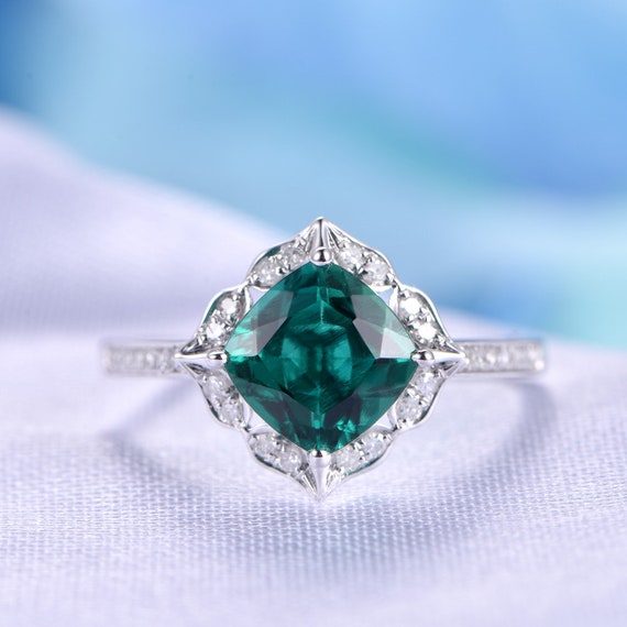 Floral Emerald Engagement Ring 14k White Gold Green Gem Stone | Etsy