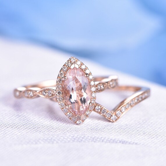 Morganite Ring Set Pink Morganite Engagement Ring 10x5mm | Etsy