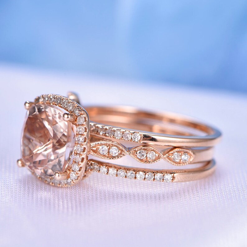 Morganite Wedding Ring Set Rose Gold Morganite Engagement Ring - Etsy
