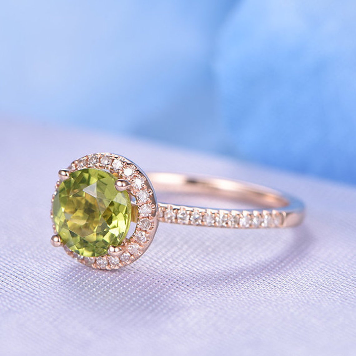 Peridot Engagement Ring 14k Rose Gold 7mm Round Cut Gem Stone | Etsy
