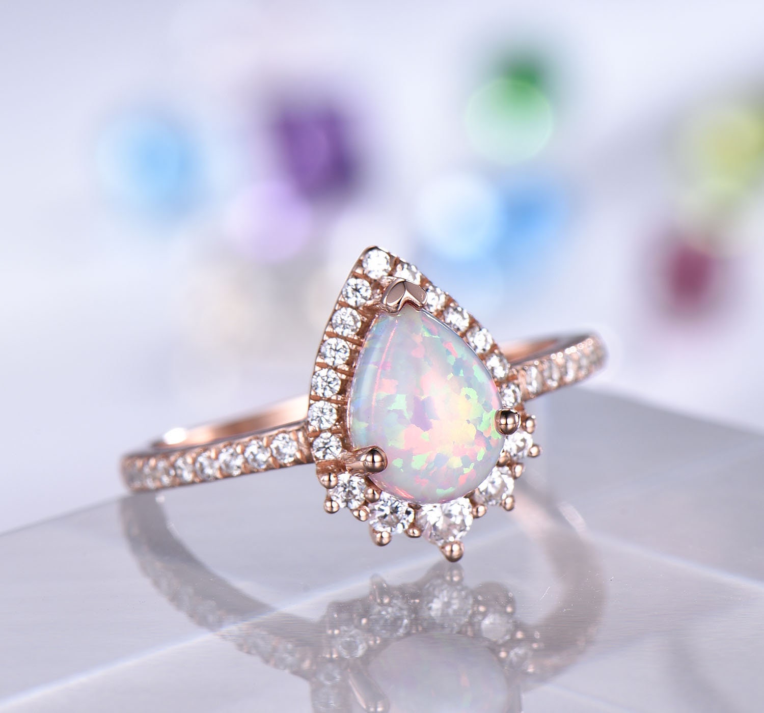 Pear Cut Opal Engagement Ring Rose Gold Women Diamond Halo | Etsy