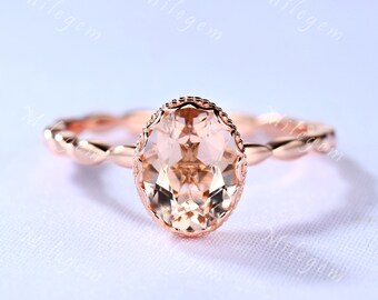 14K Rose Gold Antique Natural Morganite Engagement Ring 1.2ct Oval Morganite Ring Filigree Design Wedding Band Vintage Morganite Jewelry