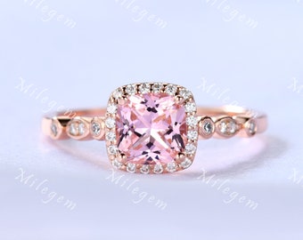 Pink Morganite Engagement Ring 14k Rose gold Cushion Cut Morganite Ring Diamond Wedding Ring Art Deco Personalized Gifts For Women