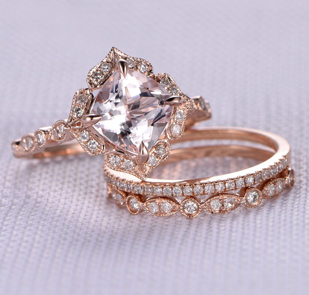 3pcs Wedding Ring Set Morganite Engagement Ring 14k Rose Gold - Etsy