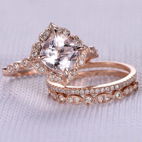 Morganite Engagement Ring Wedding Ring Set 14k Rose Gold Art - Etsy