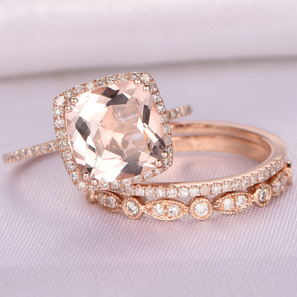 3pcs Wedding Ring Set Morganite Engagement Ring Cushion Cut - Etsy